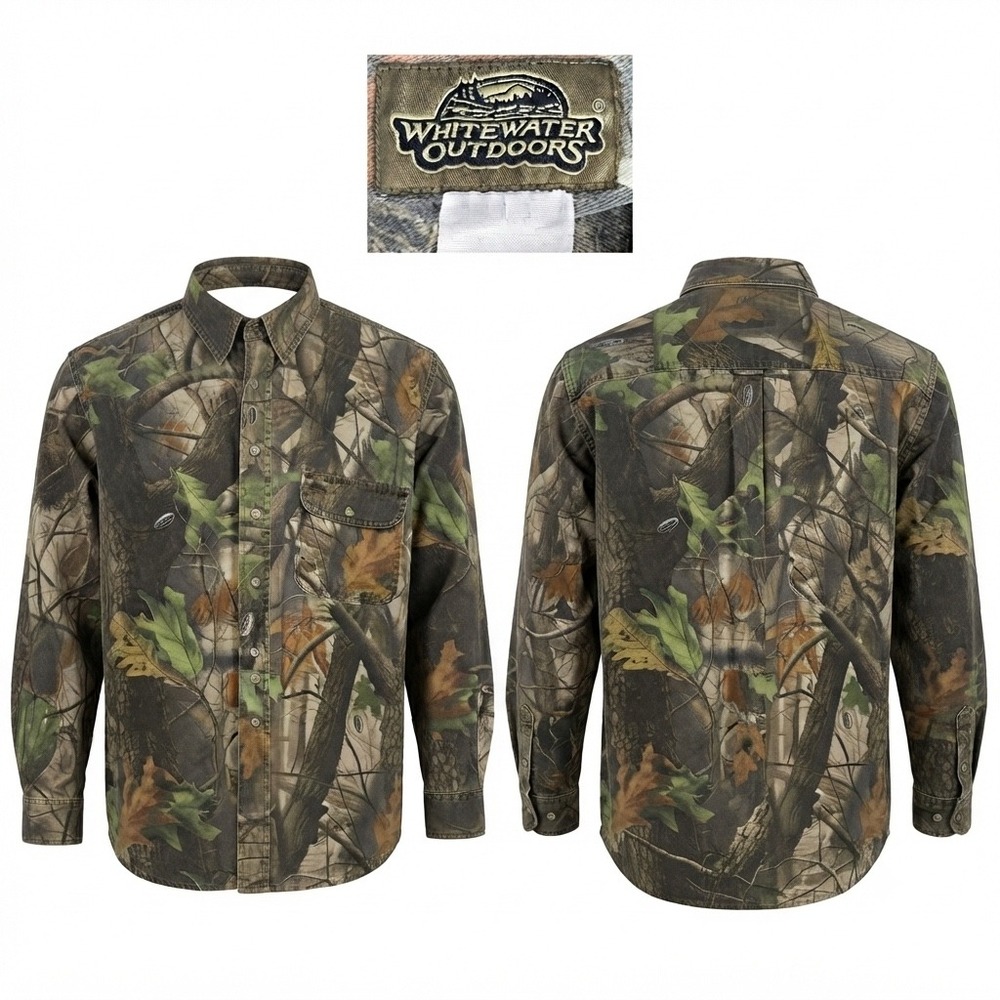 Whitewater Outdoors Mens XL Camo Realtree Hardwoods Twill Button Down Shirt